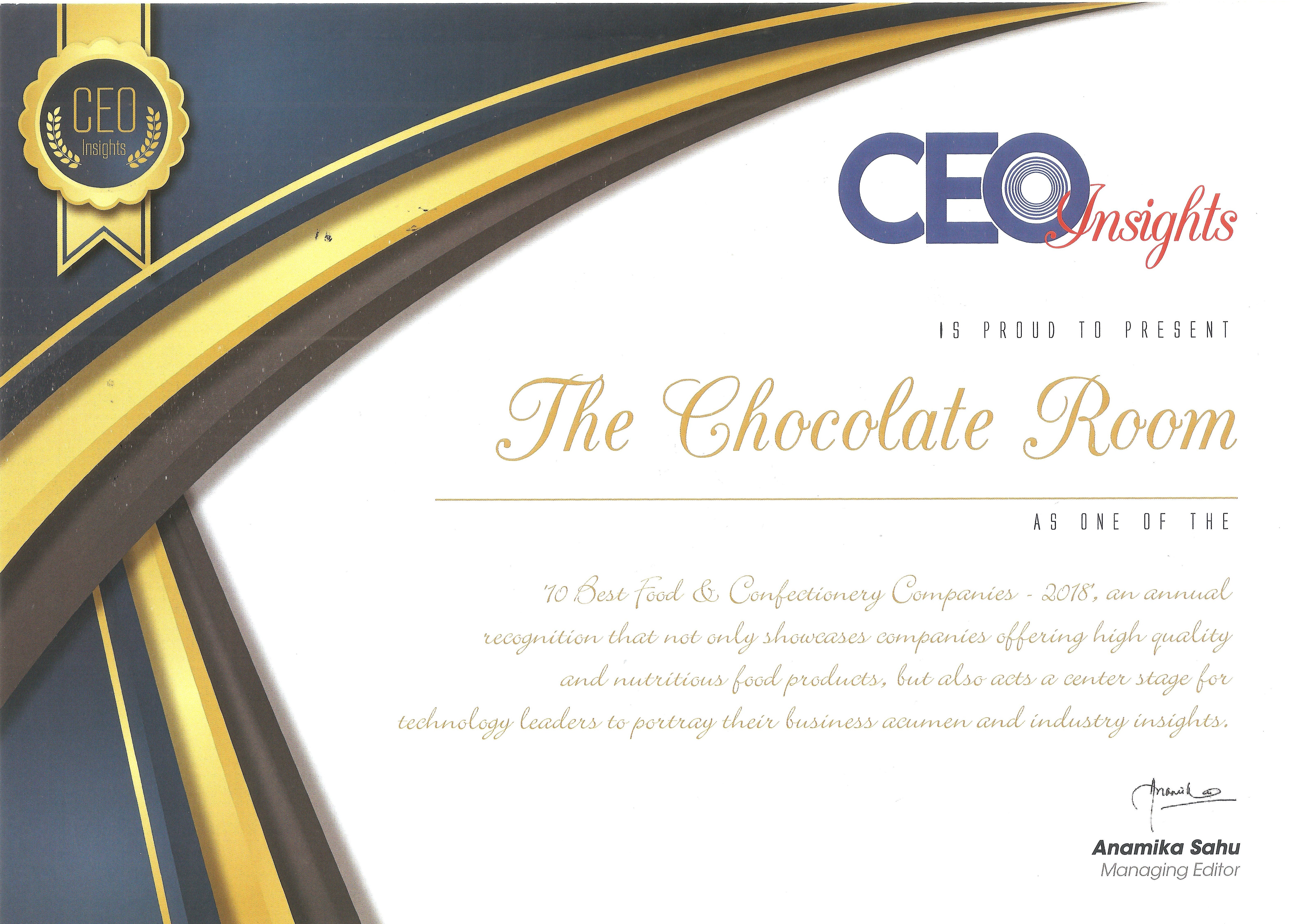 Award by CEO Insights - 10 Best Food & Confectionery Companies - 2018